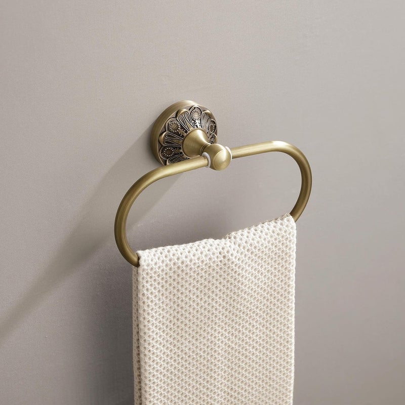 Lucyound Antique Gold Towel Ring, Oval Hand Towel Holder Wall Mount, Vintage Decorative Bathroom Accessories, Brass Petal-Relief Series - Image 3